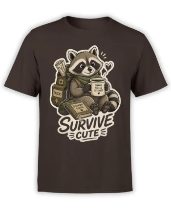 Brown T-shirt with a vintage raccoon illustration, coffee mug, survival gear, snacks, and “SURVIVE CUTE” text