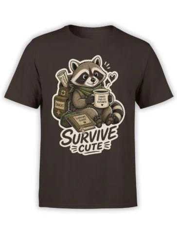 Brown T-shirt with a vintage raccoon illustration, coffee mug, survival gear, snacks, and “SURVIVE CUTE” text