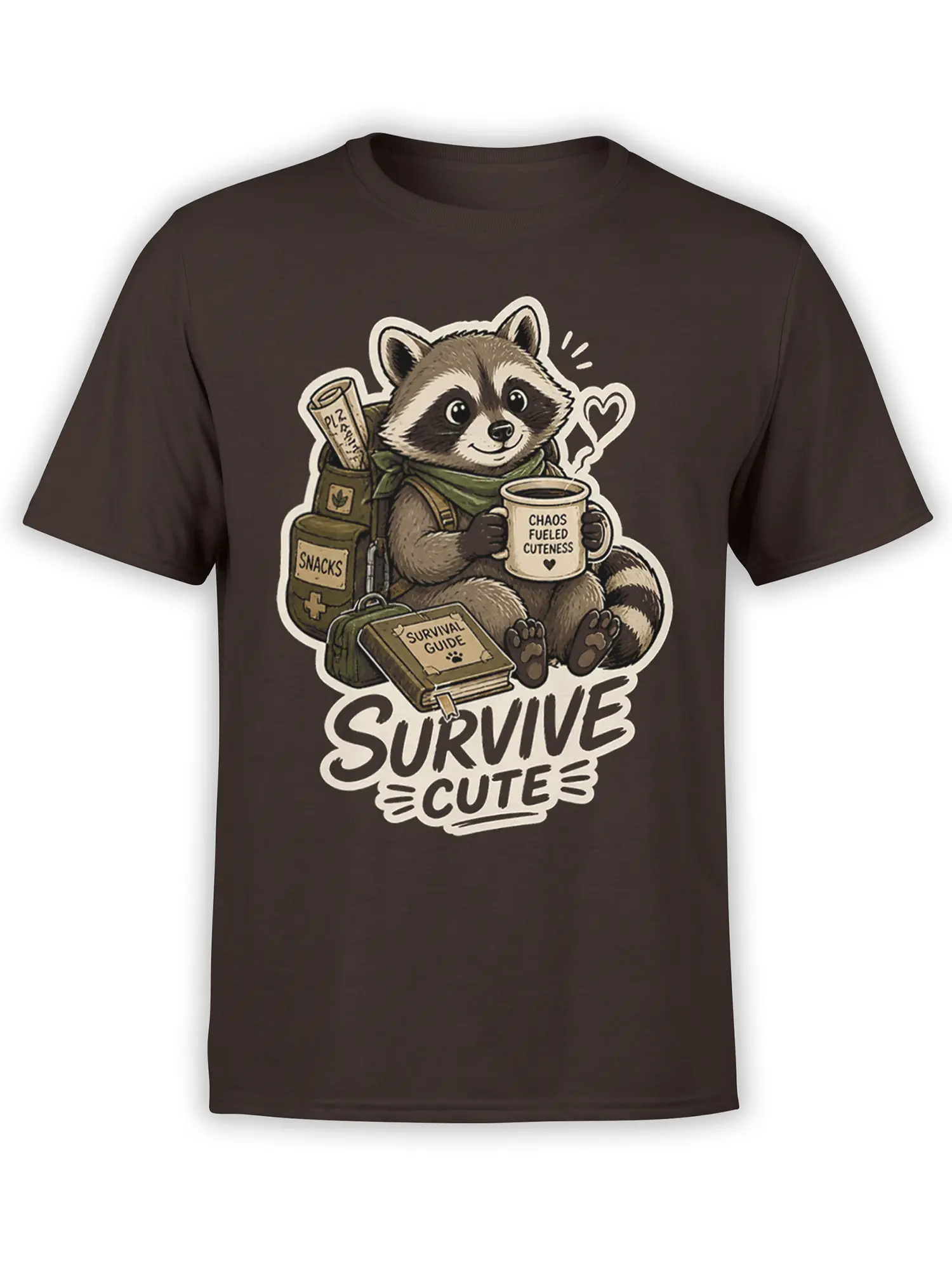 Brown T-shirt with a vintage raccoon illustration, coffee mug, survival gear, snacks, and “SURVIVE CUTE” text