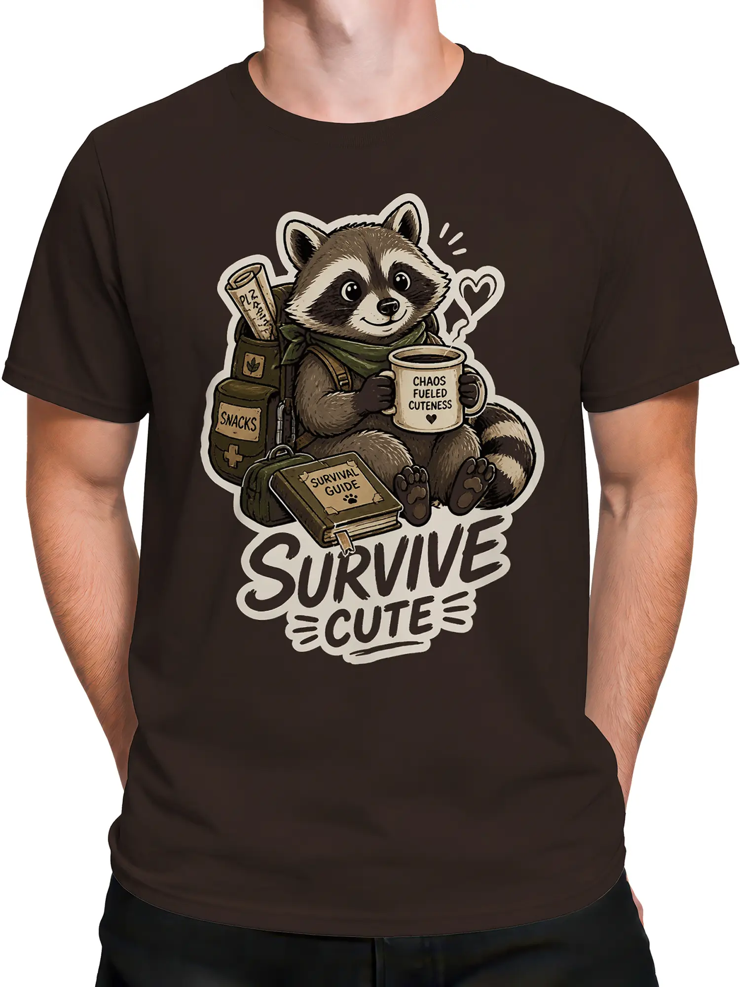 Male torso wearing a brown T-shirt with a cute raccoon, coffee mug, snacks, and survival-themed graphic artwork