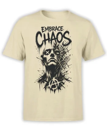 Beige punk T-shirt with Embrace Chaos lettering, distressed bearded face artwork, and a circled A symbol