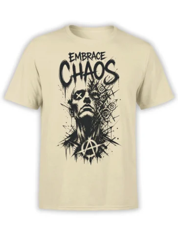 Beige punk T-shirt with Embrace Chaos lettering, distressed bearded face artwork, and a circled A symbol