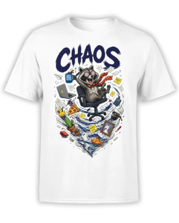Funny raccoon in an office chair surrounded by papers and colorful objects on a white CHAOS T-shirt