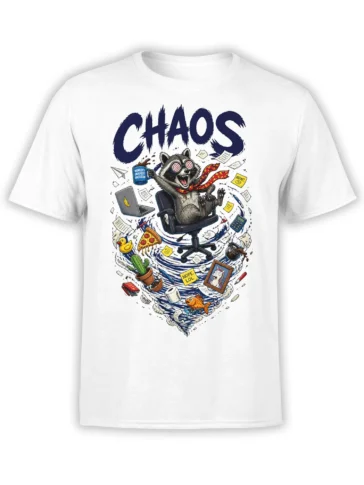 Funny raccoon in an office chair surrounded by papers and colorful objects on a white CHAOS T-shirt