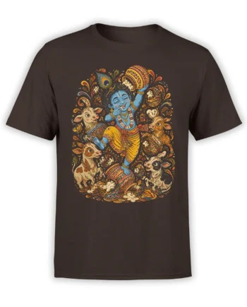 Brown T-shirt with a blue-skinned dancing figure, four decorated cows, ornate pots, and colorful folk art details