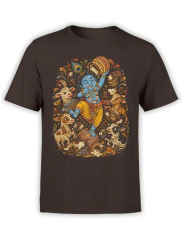 Brown T-shirt with a blue-skinned dancing figure, four decorated cows, ornate pots, and colorful folk art details