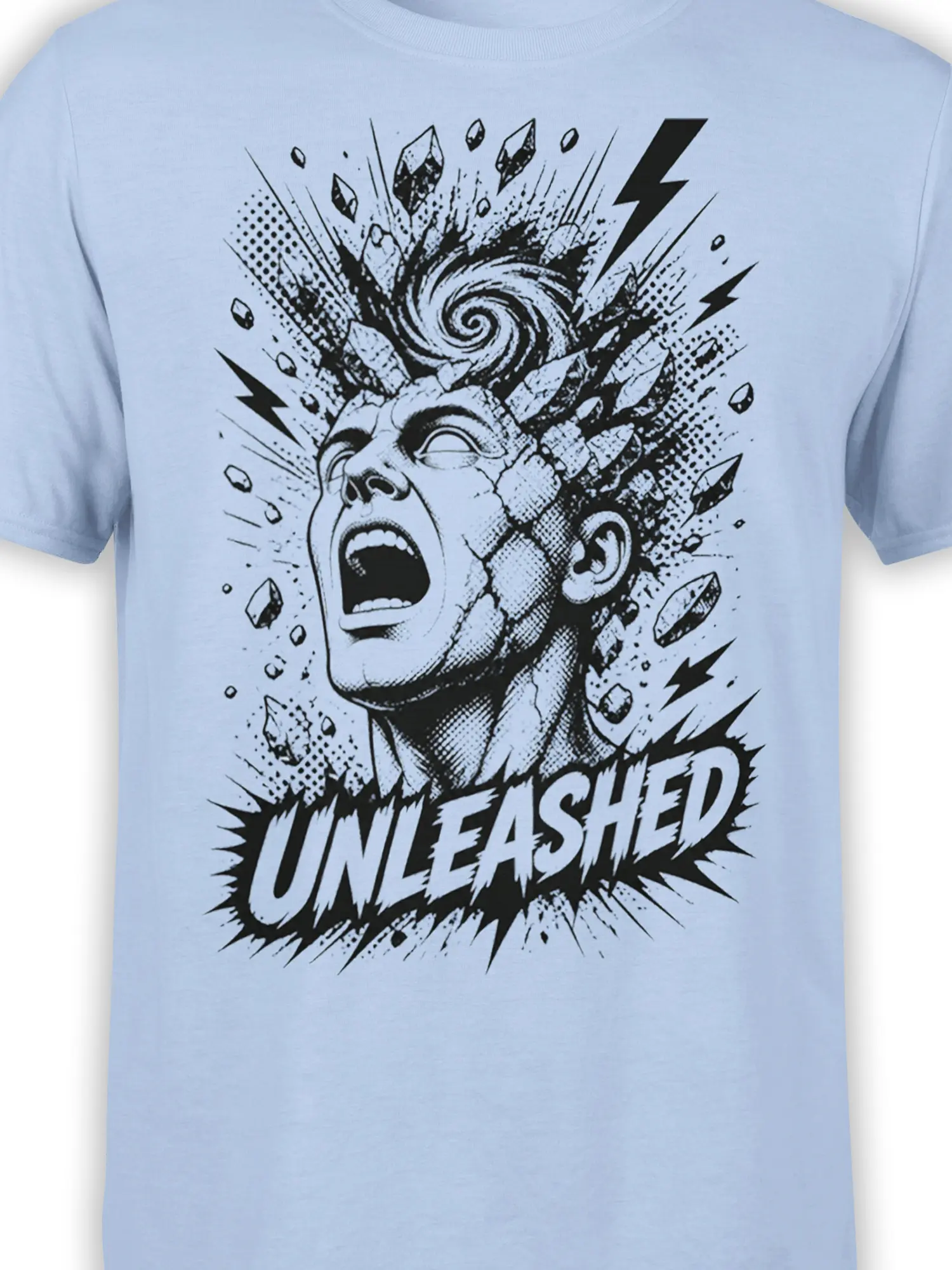 Close-up of the Unleashed graphic showing a screaming face, crystals, lightning bolts, and black ink details