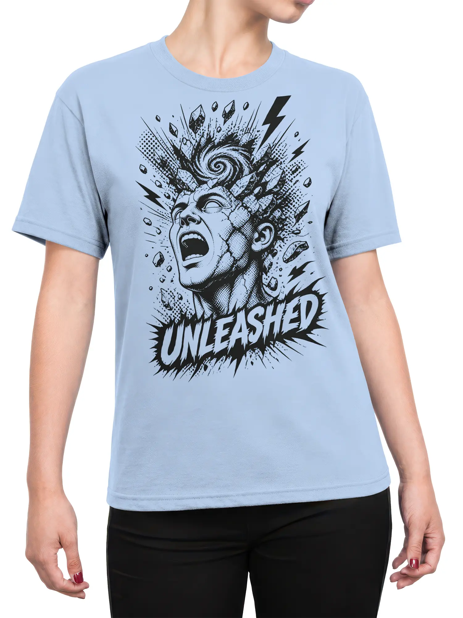 Female torso wearing a light blue Unleashed T-shirt with a screaming face, crystals, lightning bolts, and bold lettering