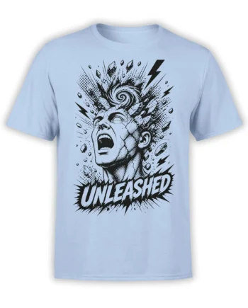 Light blue T-shirt with a screaming face, crystal burst, lightning bolts, and bold UNLEASHED lettering
