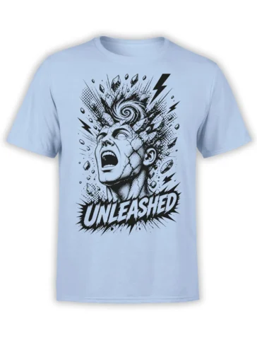 Light blue T-shirt with a screaming face, crystal burst, lightning bolts, and bold UNLEASHED lettering