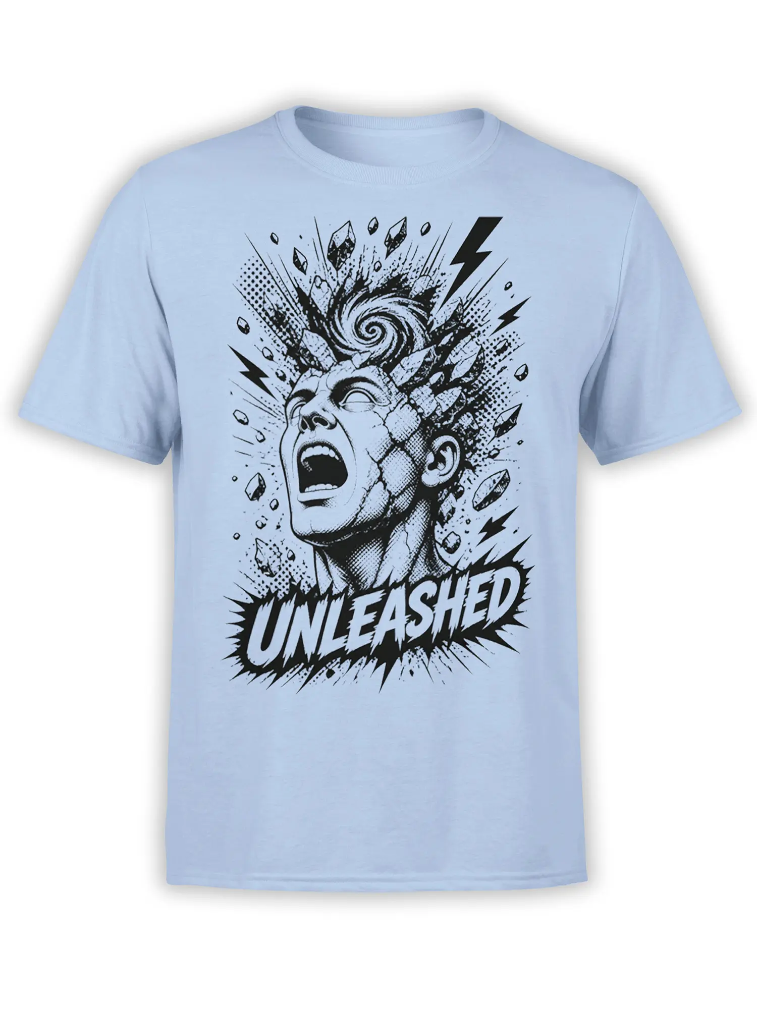 Light blue T-shirt with a screaming face, crystal burst, lightning bolts, and bold UNLEASHED lettering