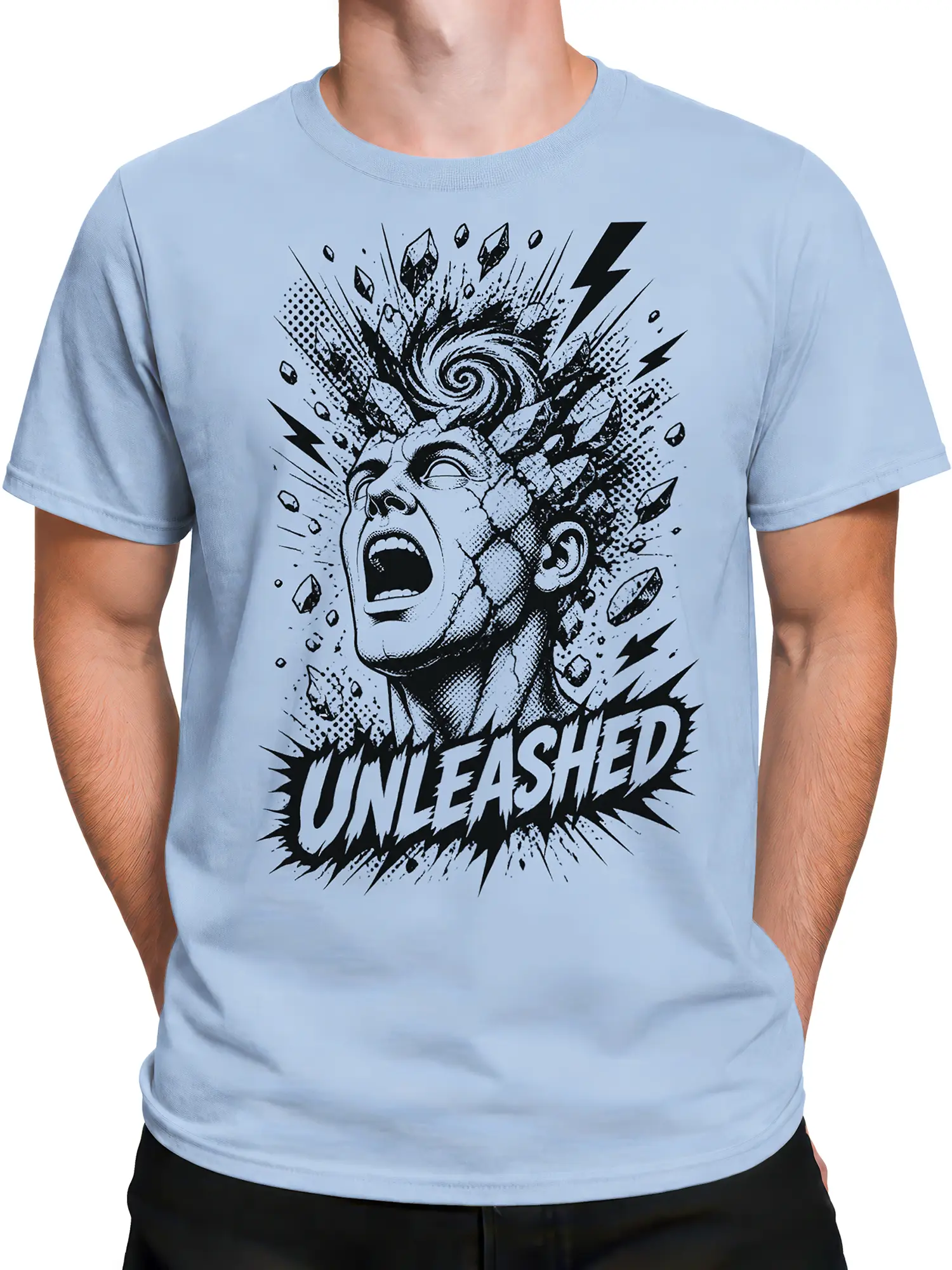 Male torso wearing a light blue Unleashed graphic T-shirt with bold black comic-style artwork