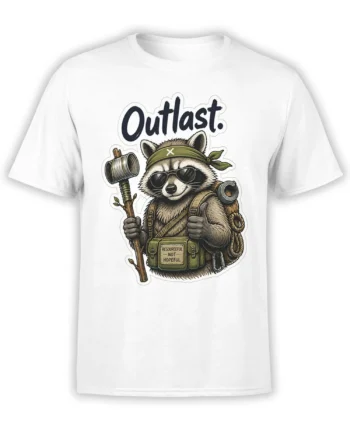 Resourceful raccoon in sunglasses and survival gear on a white graphic T-shirt