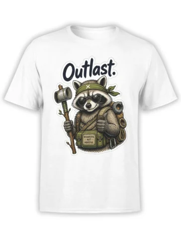 Resourceful raccoon in sunglasses and survival gear on a white graphic T-shirt
