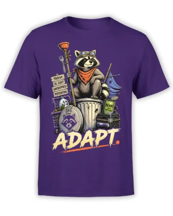 Purple raccoon T-shirt with goggles, camping gear, trash can artwork, and bold “ADAPT” lettering