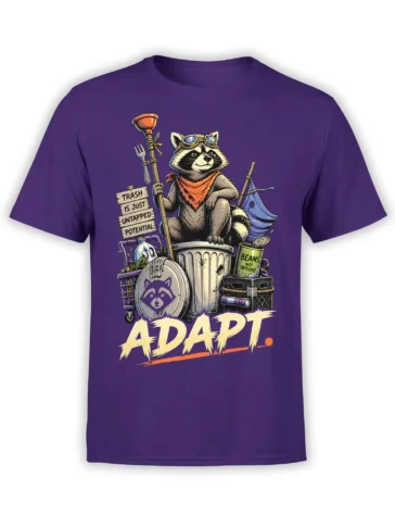 Purple raccoon T-shirt with goggles, camping gear, trash can artwork, and bold “ADAPT” lettering