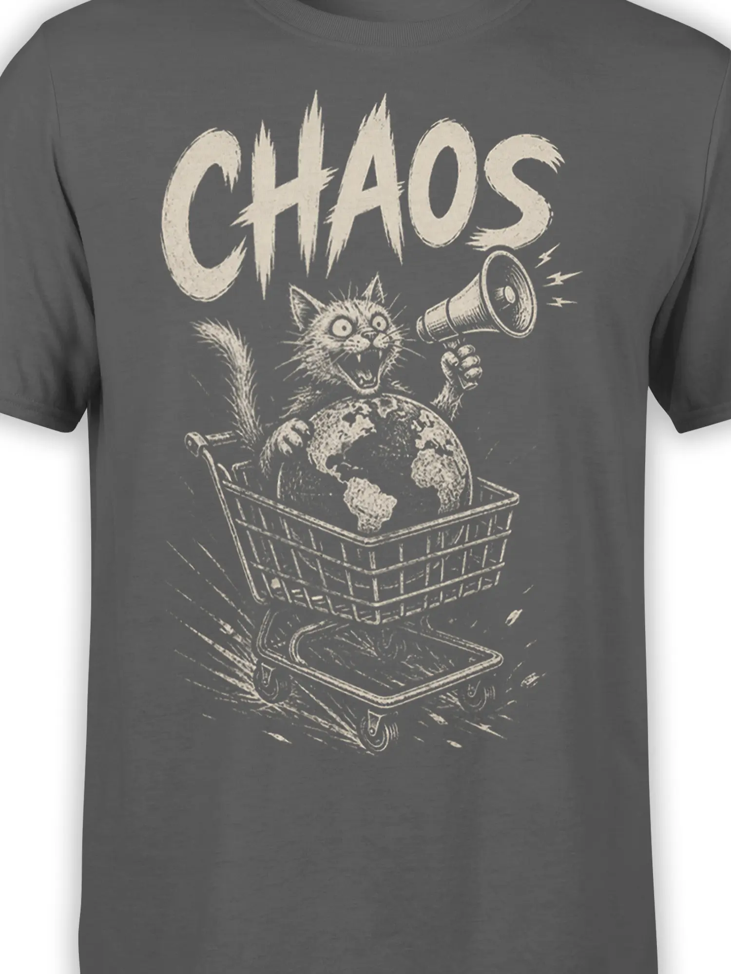 Close-up of the chaotic cat graphic with megaphone, globe, rolling basket, and cream CHAOS text