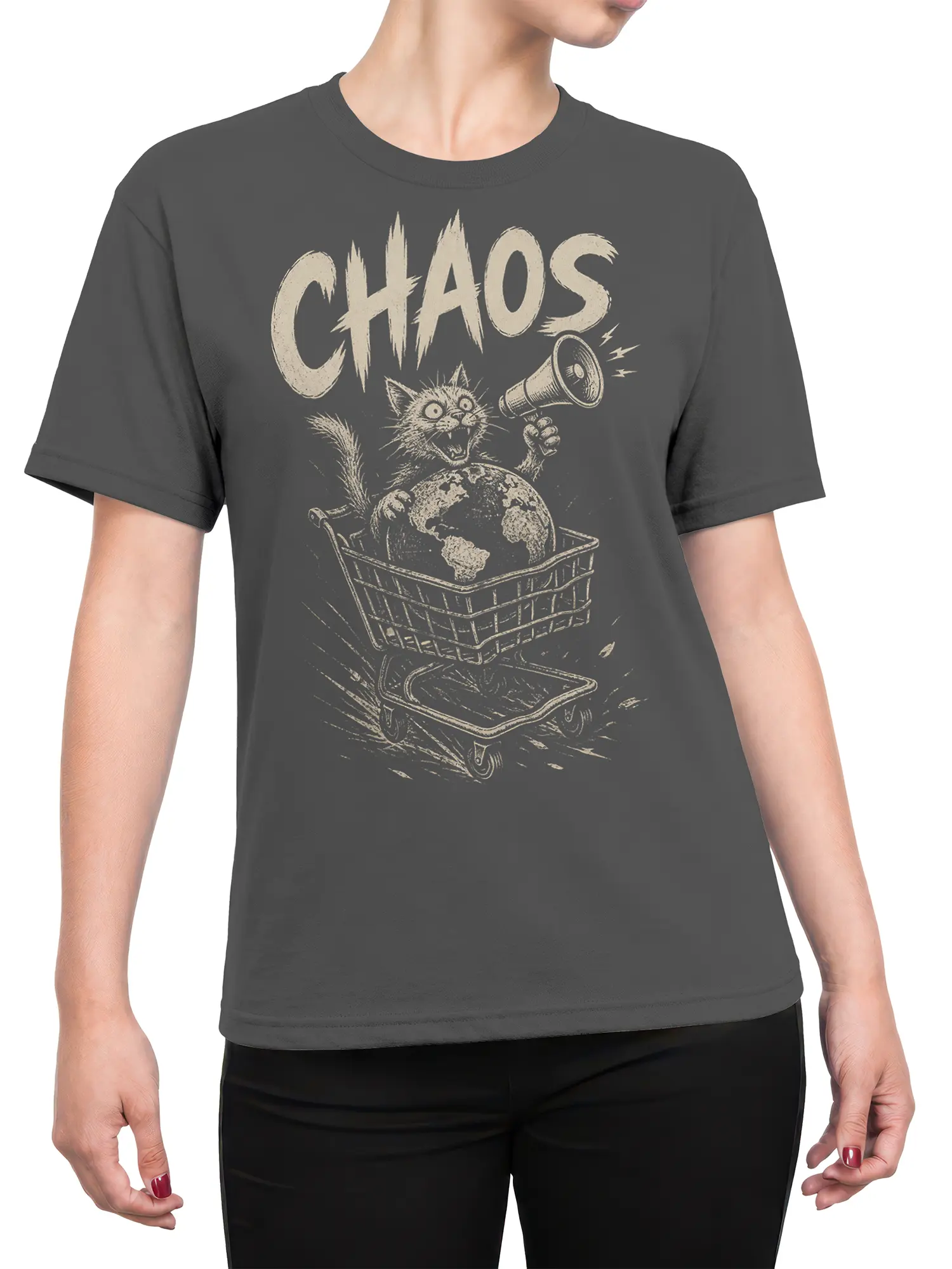 Female torso wearing a gray cat chaos T-shirt with a megaphone, globe, and bold cream lettering