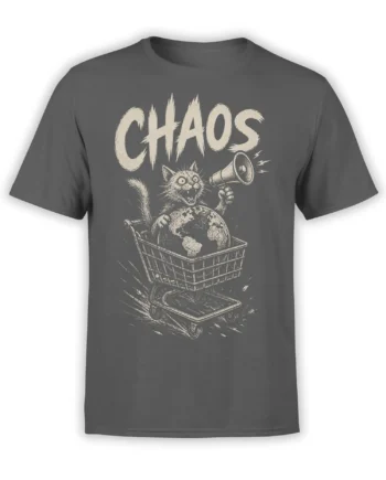 Gray cat chaos t-shirt with a wide-eyed cat, megaphone, globe, and bold cream CHAOS lettering