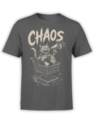 Gray cat chaos t-shirt with a wide-eyed cat, megaphone, globe, and bold cream CHAOS lettering