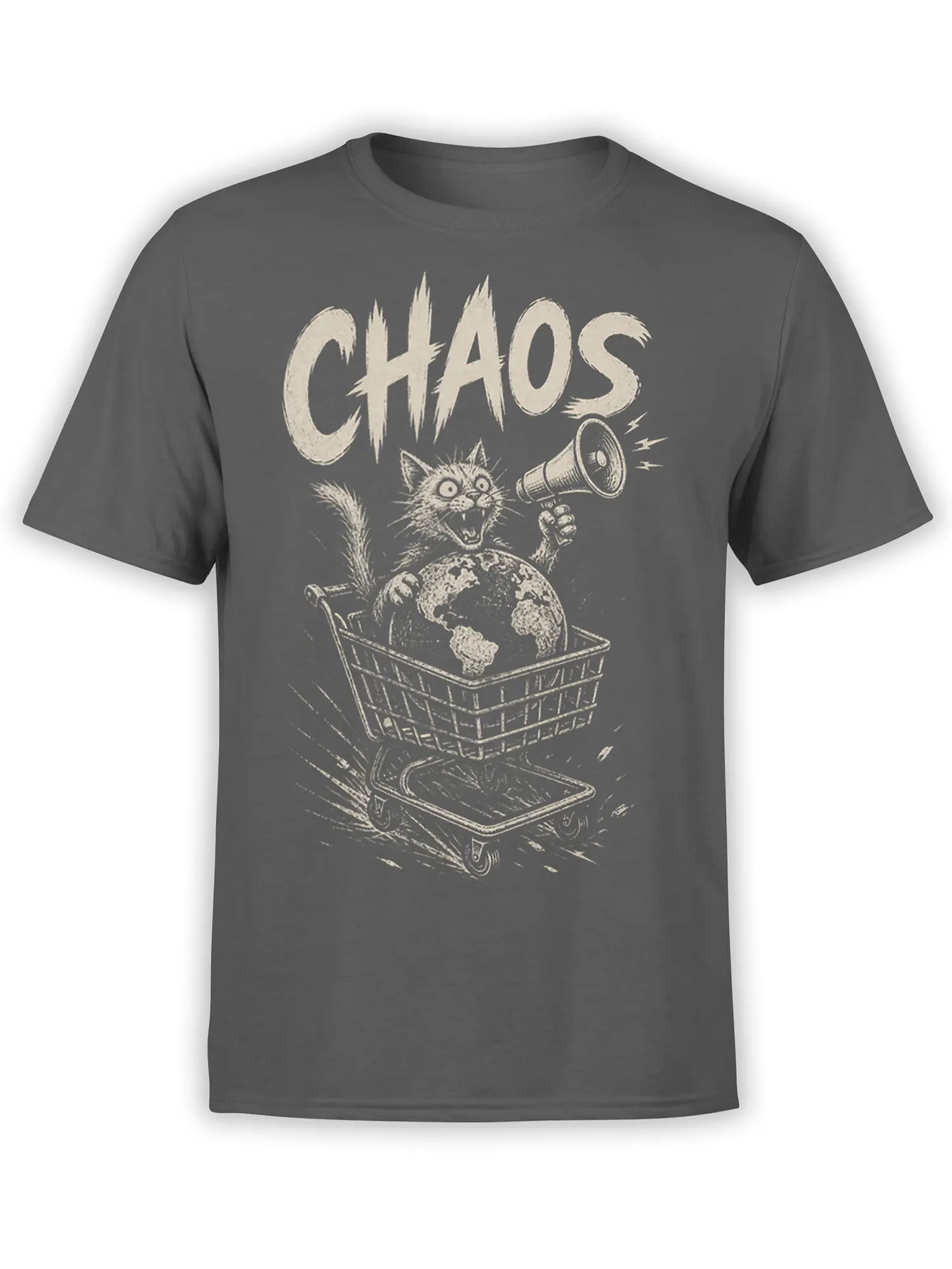 Gray cat chaos t-shirt with a wide-eyed cat, megaphone, globe, and bold cream CHAOS lettering