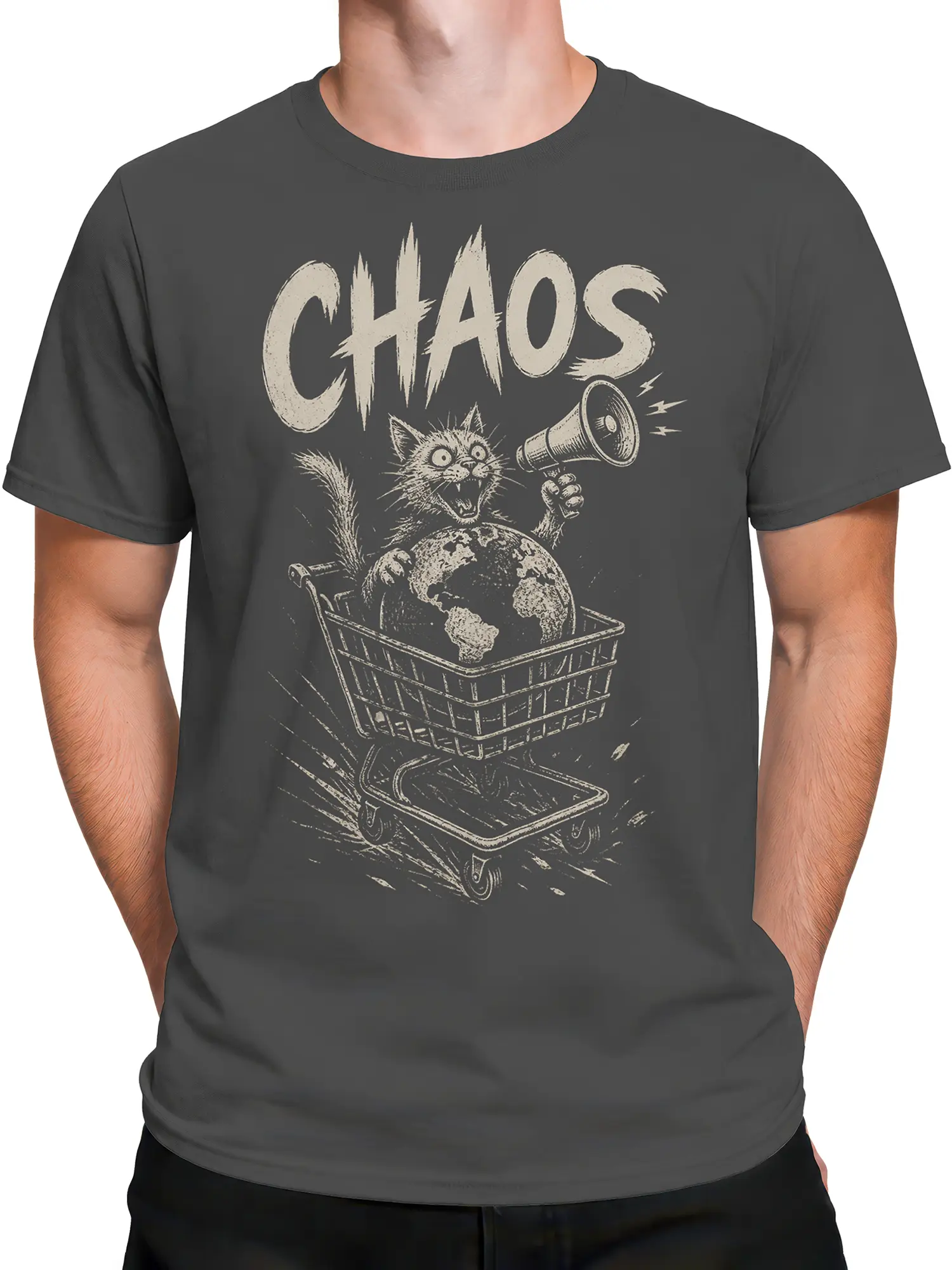 Male torso wearing a gray cat chaos T-shirt with a megaphone, globe, and vintage-style CHAOS design