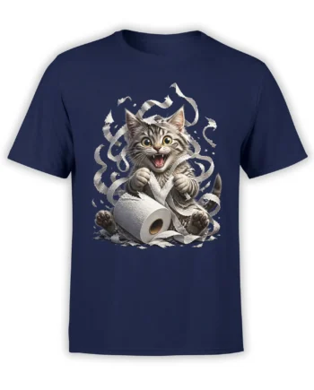 Wide-eyed tabby cat tearing toilet paper on a navy cat humor T-shirt
