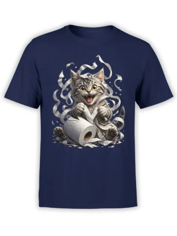 Wide-eyed tabby cat tearing toilet paper on a navy cat humor T-shirt