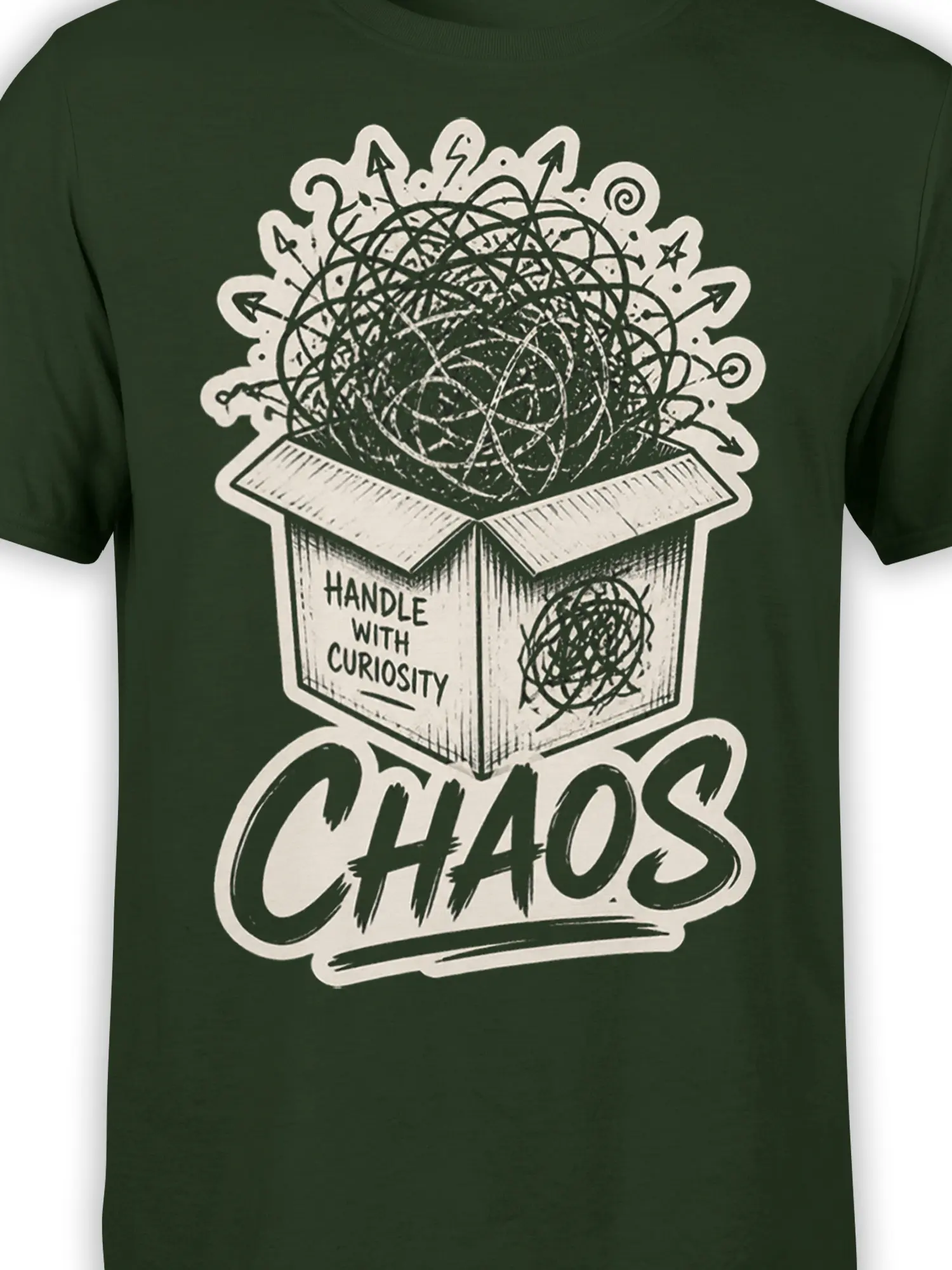 Close-up of dark green curiosity graphic tee showing the box, scribbled symbols, and CHAOS text