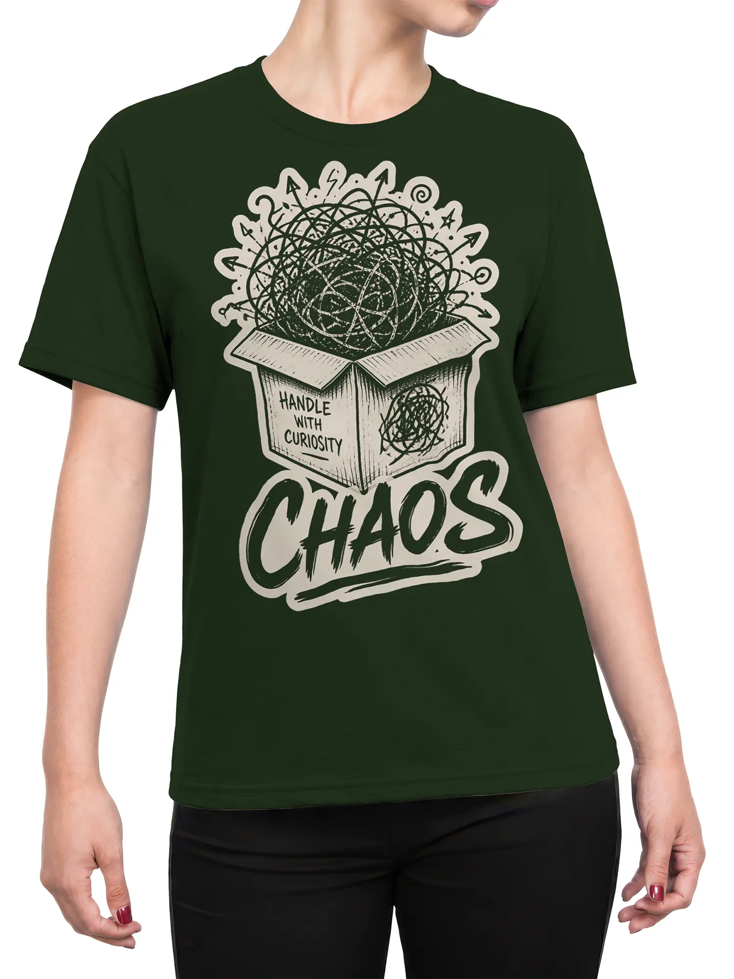 Female torso wearing a dark green curiosity and chaos graphic T-shirt