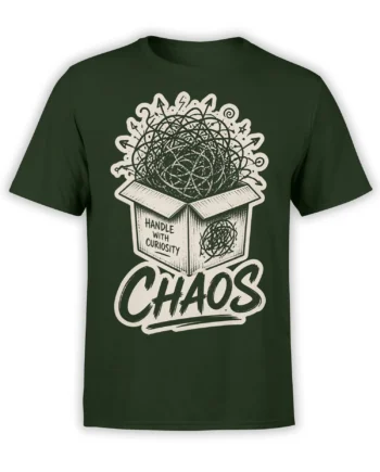 Dark green T-shirt with a box labeled Handle With Curiosity and bold chaotic lettering below