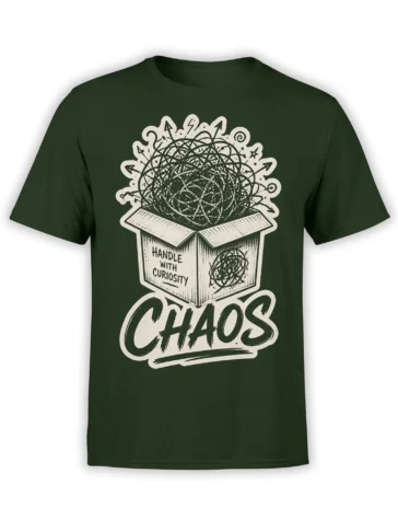 Dark green T-shirt with a box labeled Handle With Curiosity and bold chaotic lettering below
