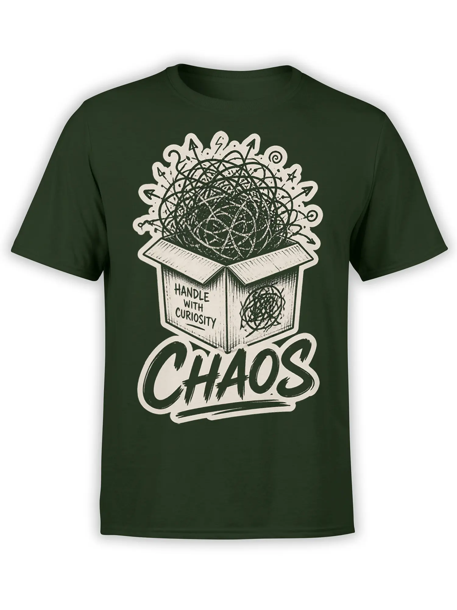 Dark green T-shirt with a box labeled Handle With Curiosity and bold chaotic lettering below