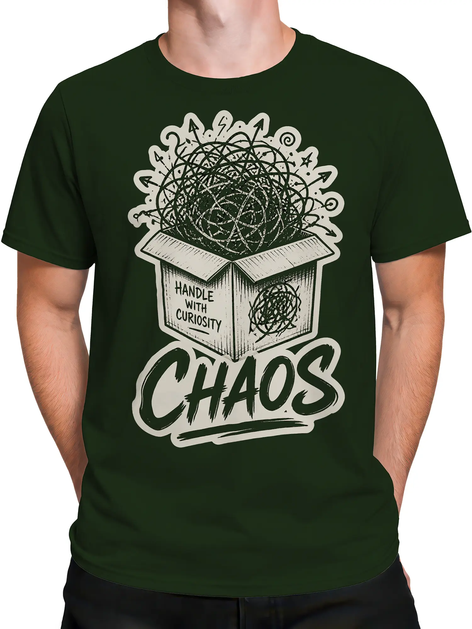 Male torso wearing a dark green chaos graphic T-shirt with box artwork