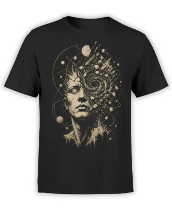 Black T-shirt with a distressed cosmic portrait, swirling galaxy vortex, planets, moons, and orbit lines