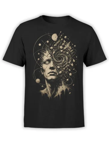 Black T-shirt with a distressed cosmic portrait, swirling galaxy vortex, planets, moons, and orbit lines