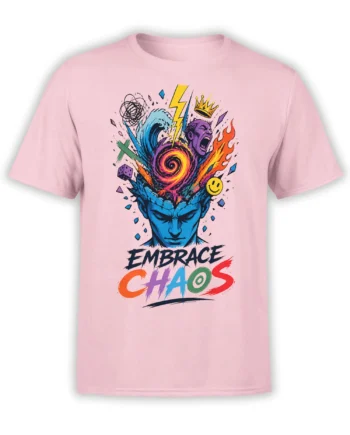 Pink chaos T-shirt with blue face, colorful symbols, lightning, flames, and “EMBRACE CHAOS” design