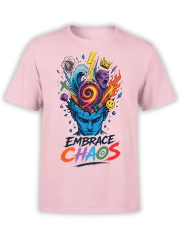 Pink chaos T-shirt with blue face, colorful symbols, lightning, flames, and “EMBRACE CHAOS” design