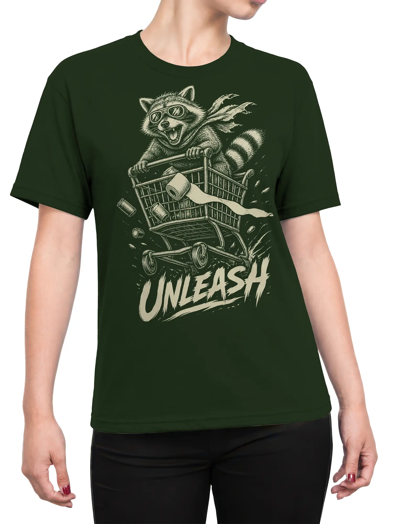 Female torso wearing a dark green T-shirt with a goggled raccoon racing in a shopping cart