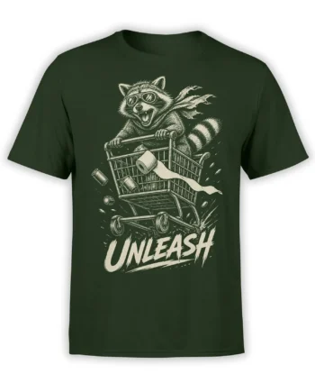 Goggled raccoon racing in a shopping cart with “UNLEASH” text on a dark green T-shirt