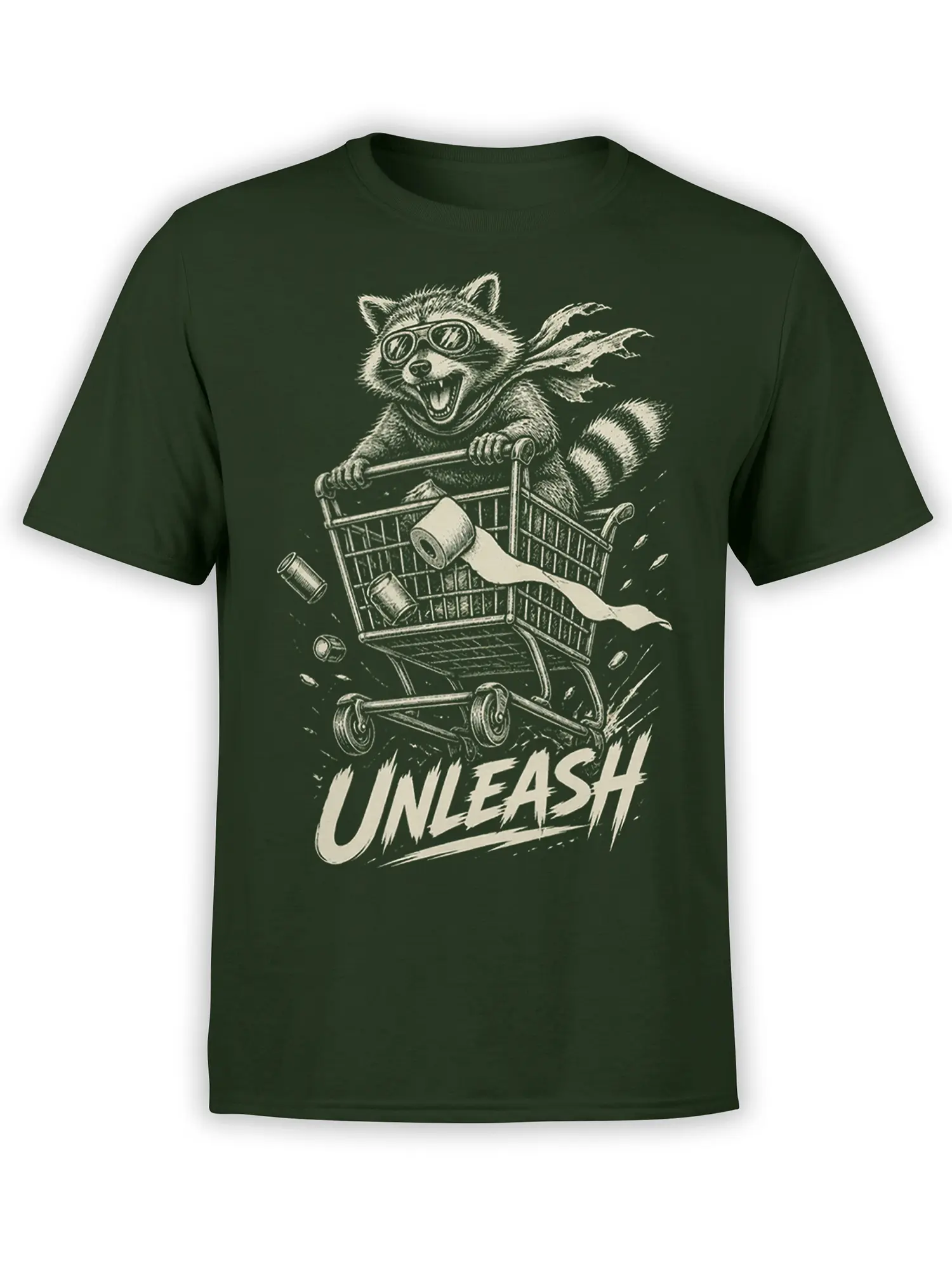 Goggled raccoon racing in a shopping cart with “UNLEASH” text on a dark green T-shirt