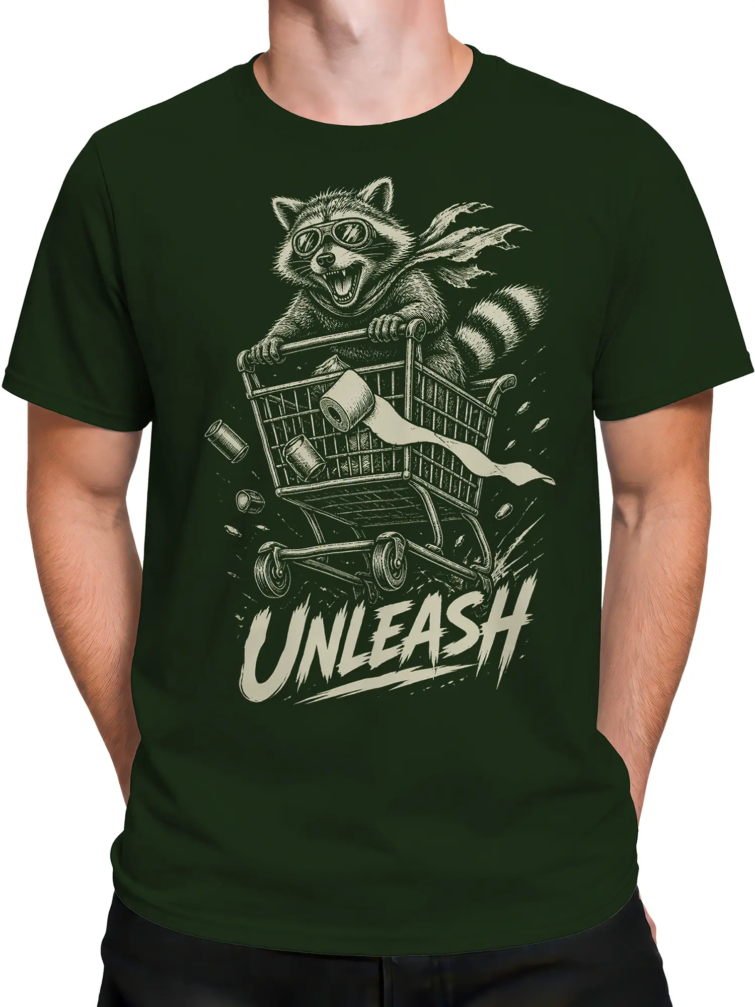 Male torso wearing a dark green raccoon T-shirt with shopping cart artwork and bold “UNLEASH” text