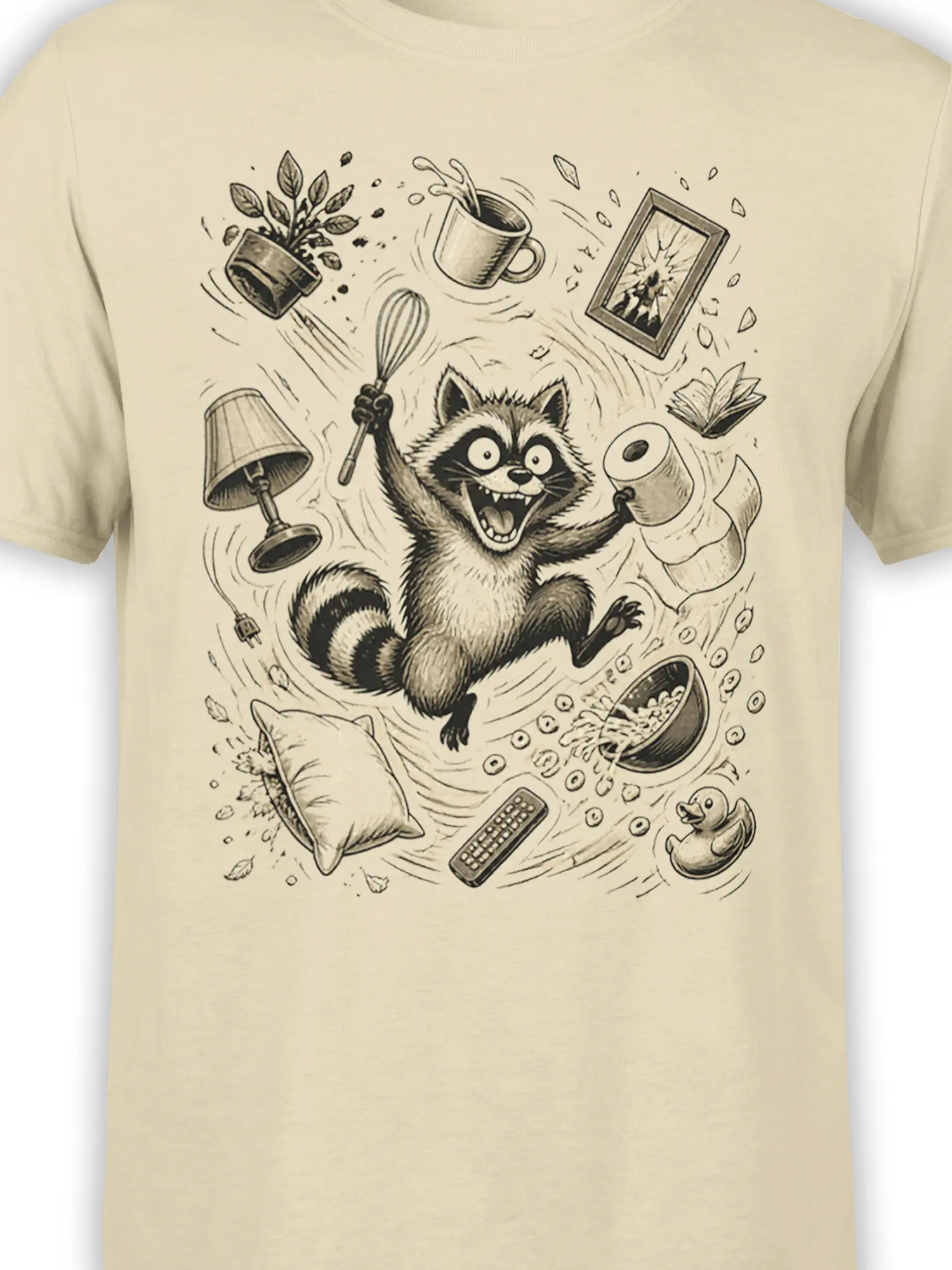 Close-up of the mischievous raccoon and household chaos artwork on a beige graphic T-shirt