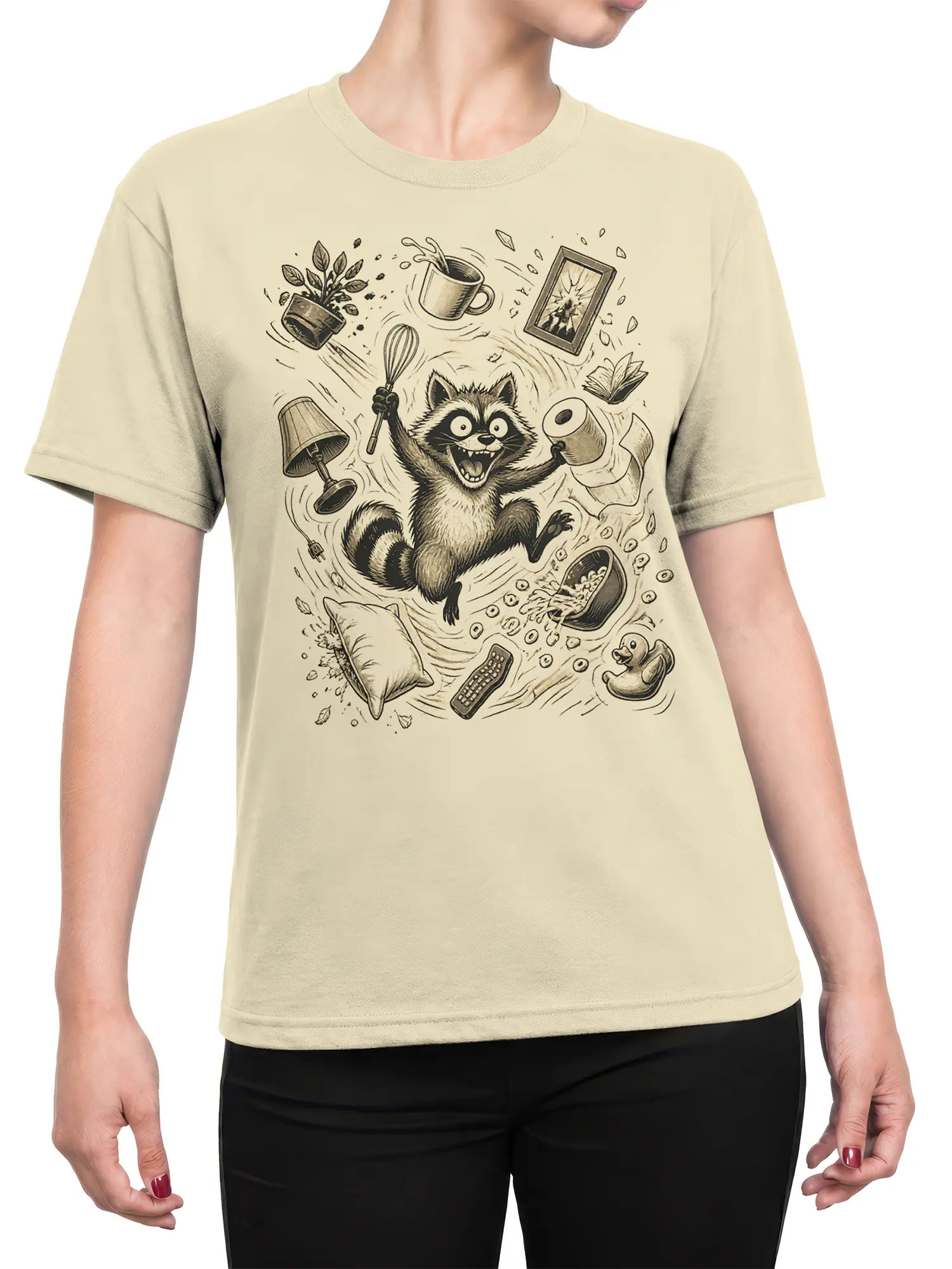 Female torso wearing a beige T-shirt with a vintage raccoon home chaos graphic