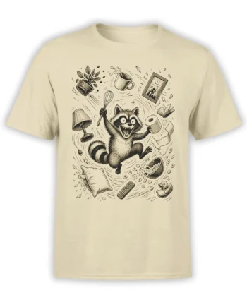Vintage raccoon graphic on a beige T-shirt surrounded by flying household objects and home chaos