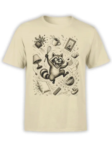 Vintage raccoon graphic on a beige T-shirt surrounded by flying household objects and home chaos