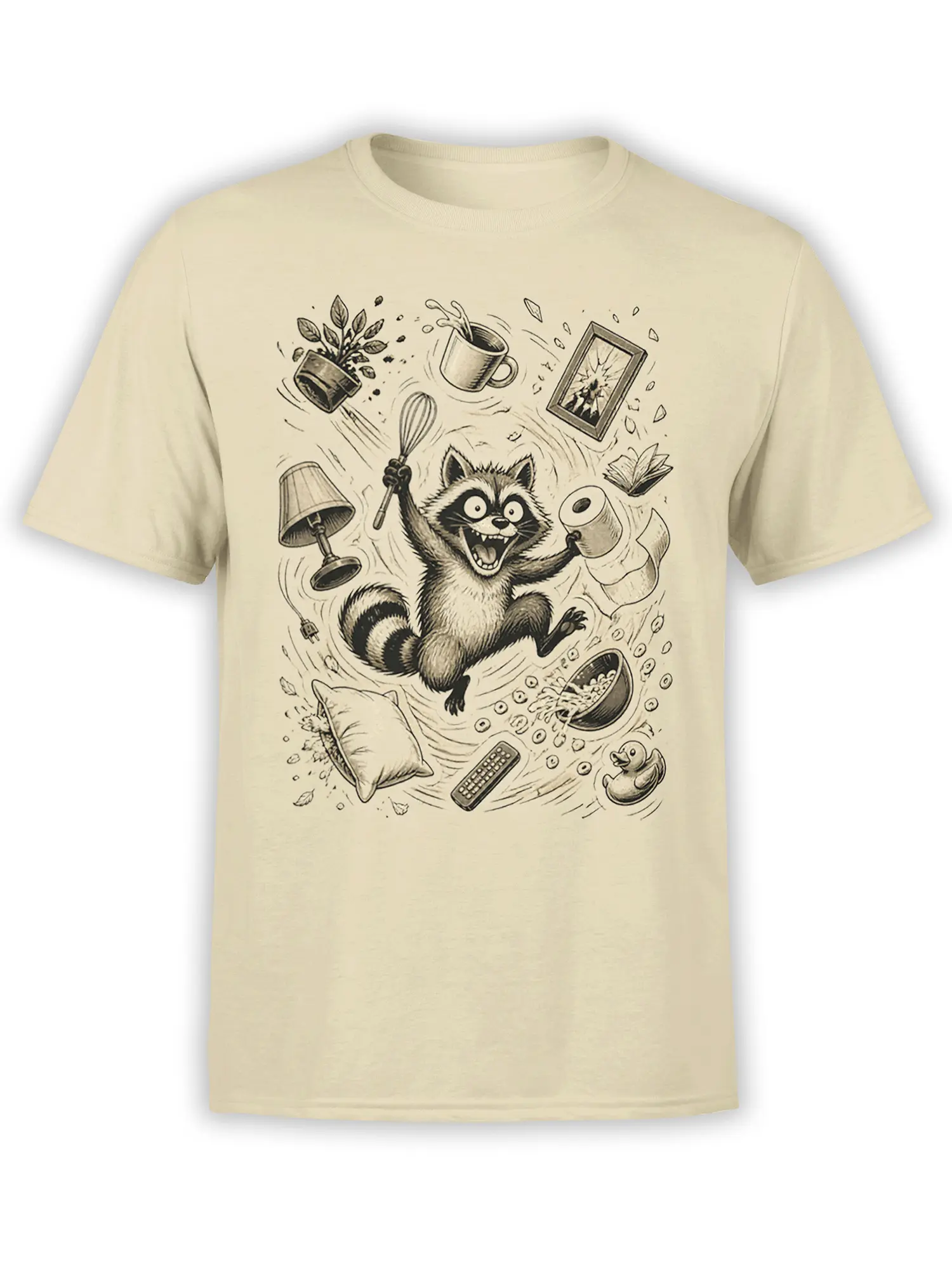 Vintage raccoon graphic on a beige T-shirt surrounded by flying household objects and home chaos