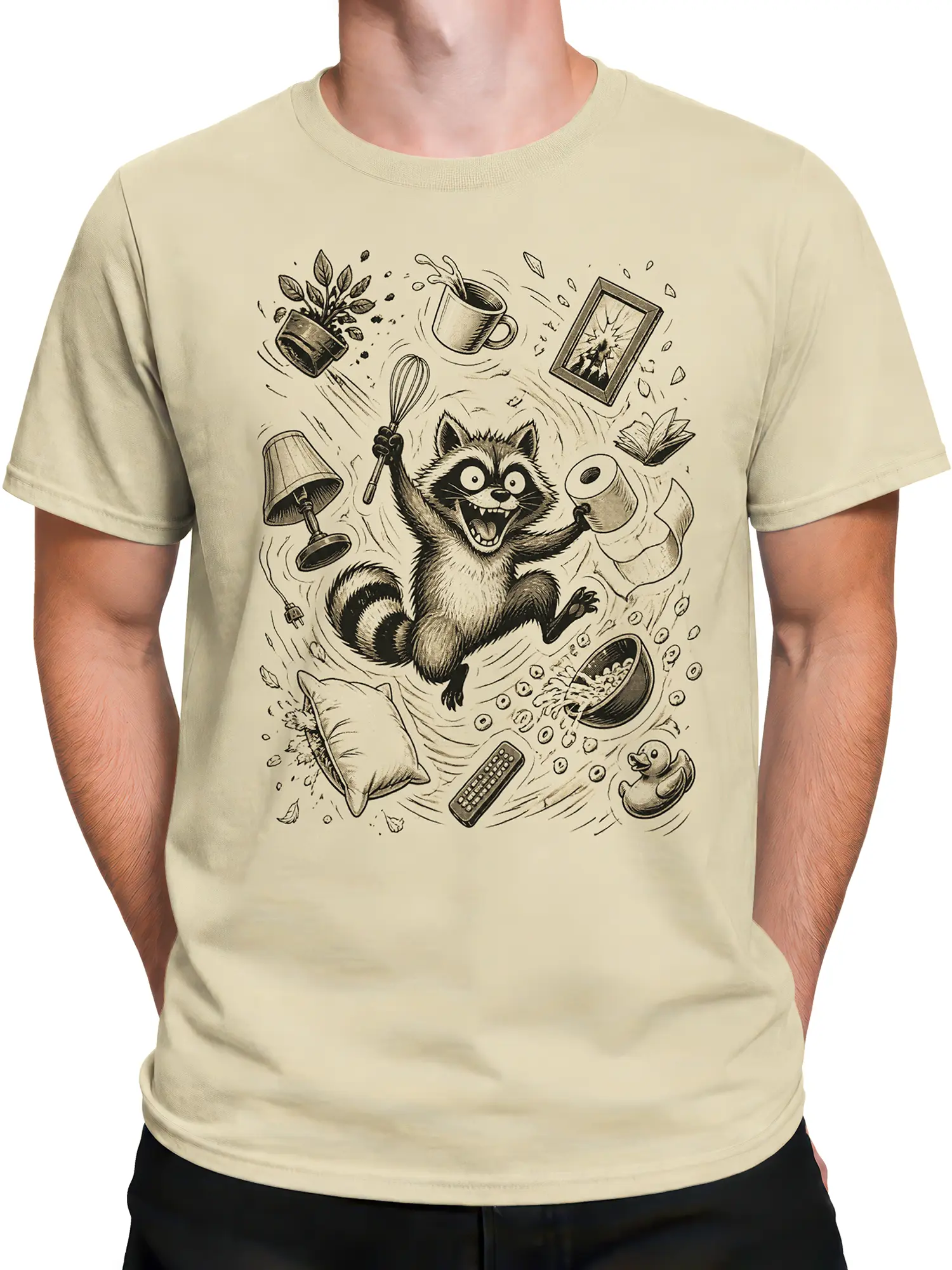 Male torso wearing a beige T-shirt with a mischievous raccoon graphic