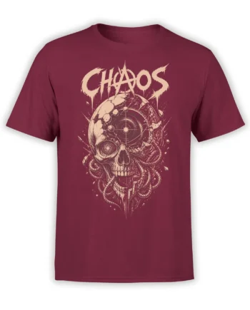 Maroon skull T-shirt featuring a cracked cosmic skull, orbital lines, tentacle-like shapes, and CHAOS lettering