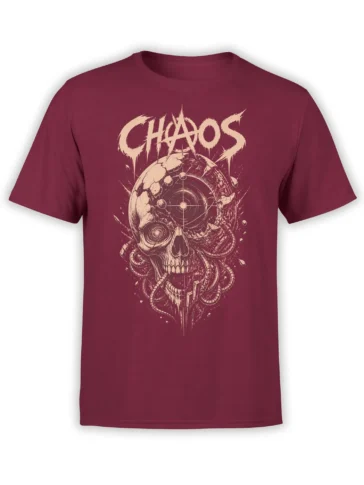 Maroon skull T-shirt featuring a cracked cosmic skull, orbital lines, tentacle-like shapes, and CHAOS lettering